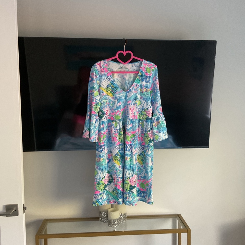 Lilly Pulitzer Jannie v-neck Colorful Patterned Dress with 3/4 Bell Sleeves NWT - Picture 3 of 5